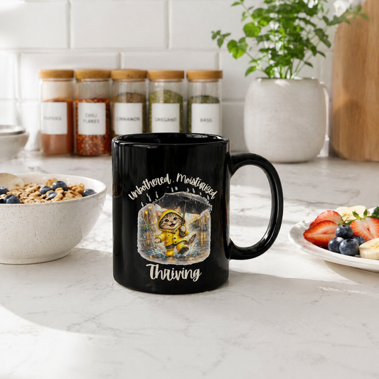 Cat Coffee Mug, Unbothered Moisturized Thriving Mug, Funny Cat Mug, Rainy Day Mug, Cute Cat Coffee Cup, Gift for Cat Lovers, 11oz, 15oz, Black, White Mug
