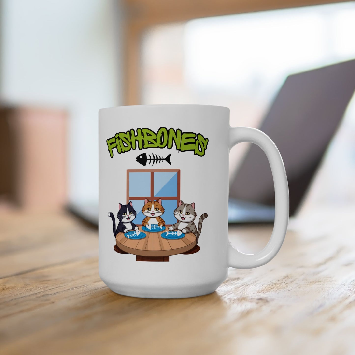 Fishbones Cat Mug – Funny Cat Lover Coffee Mug, Cute Cats & Fish Pun Gift