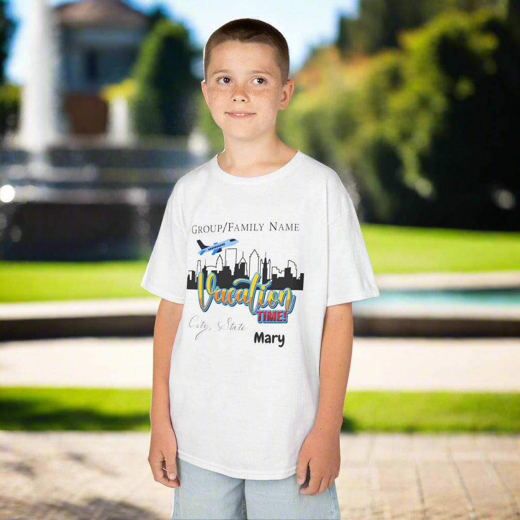 Kids Tee Personalized Vacation T-Shirt, Family Trip Shirt, Travel T-Shirt, Custom Group Vacation Tee, Summer Vacation Souvenir City Trip Custom “Vacation Time!” Family Trip T-Shirt, Personalized Group Name, City & State Travel Tee