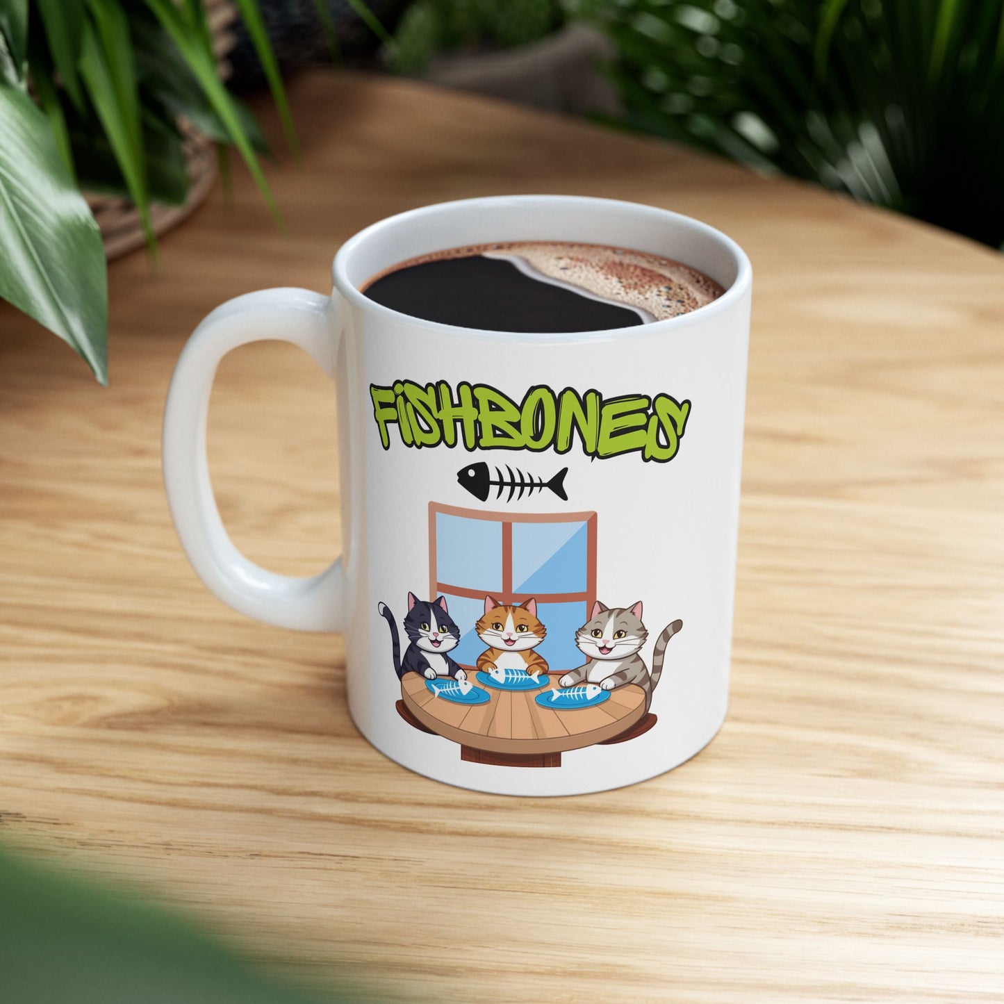 Fishbones Cat Mug – Funny Cat Lover Coffee Mug, Cute Cats & Fish Pun Gift