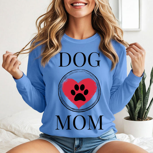Dog Mom Paw Print Heart T-Shirt, Pet Lover Tee, Animal Parent Shirt, Puppy Owner Top, Cute Doggie Theme Clothing Long Sleeve Tee