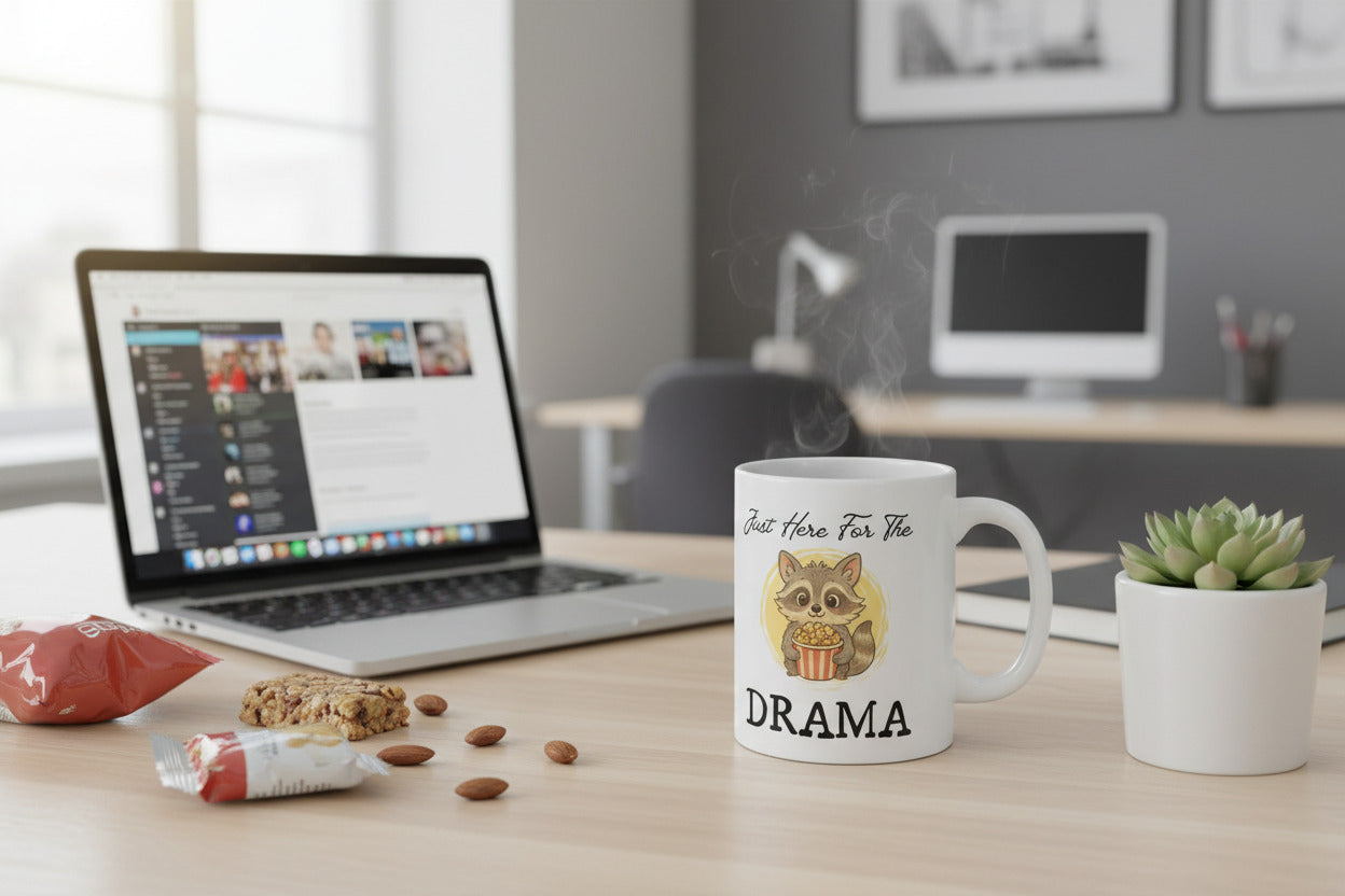 Just Here for the Drama Mug – Funny Raccoon Coffee Mug, Sarcastic Cute Mug for Gossip Lovers