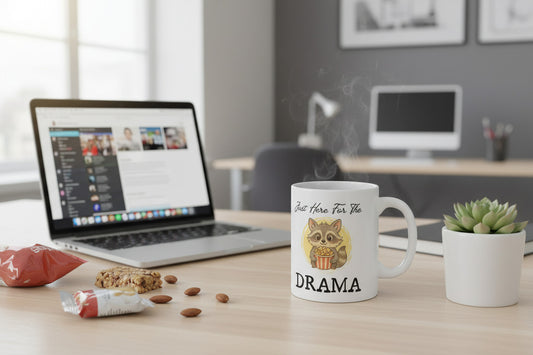Just Here for the Drama Mug – Funny Raccoon Coffee Mug, Sarcastic Cute Mug for Gossip Lovers
