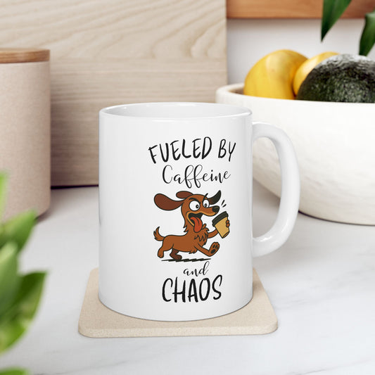 Fueled by Caffeine and Chaos Mug – Funny Dachshund Coffee Cup for Dog Lovers