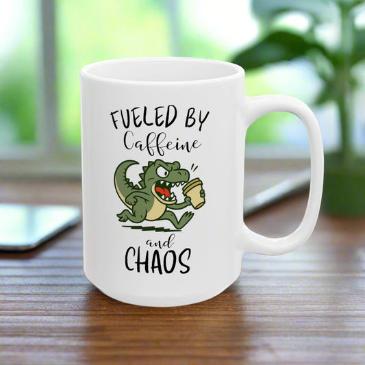 Fueled by Caffeine and Chaos Mug – Funny T-Rex Coffee Cup for Dinosaur Lover