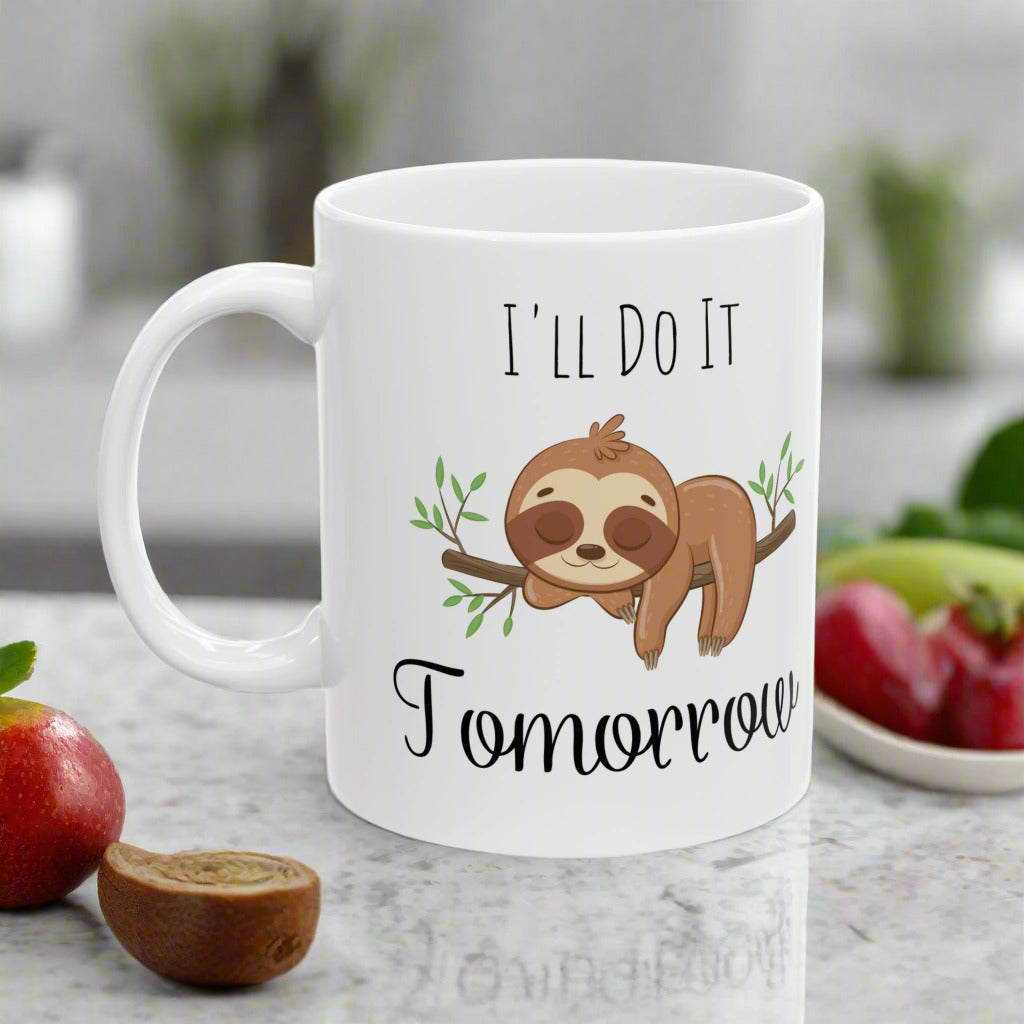 “I’ll Do It Tomorrow” Sloth Coffee Mug – Funny Lazy Sloth Ceramic Cup for Procrastinators