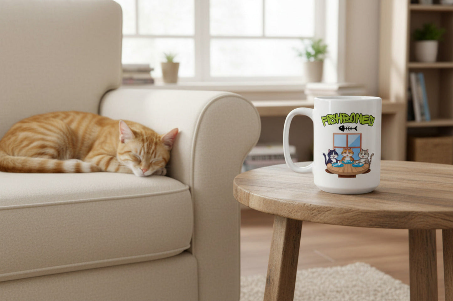 Fishbones Cat Mug – Funny Cat Lover Coffee Mug, Cute Cats & Fish Pun Gift