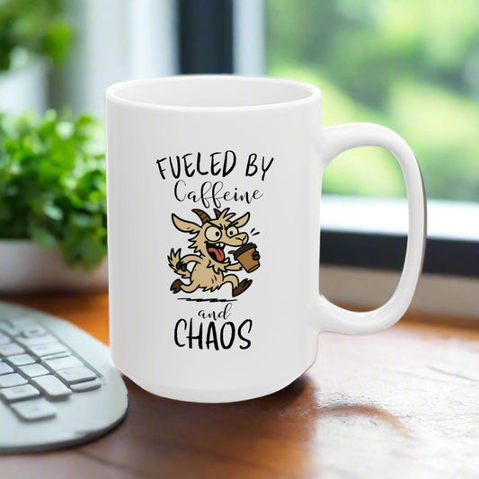Fueled by Caffeine and Chaos Goat Mug – Funny Coffee Cup for Animal Lovers