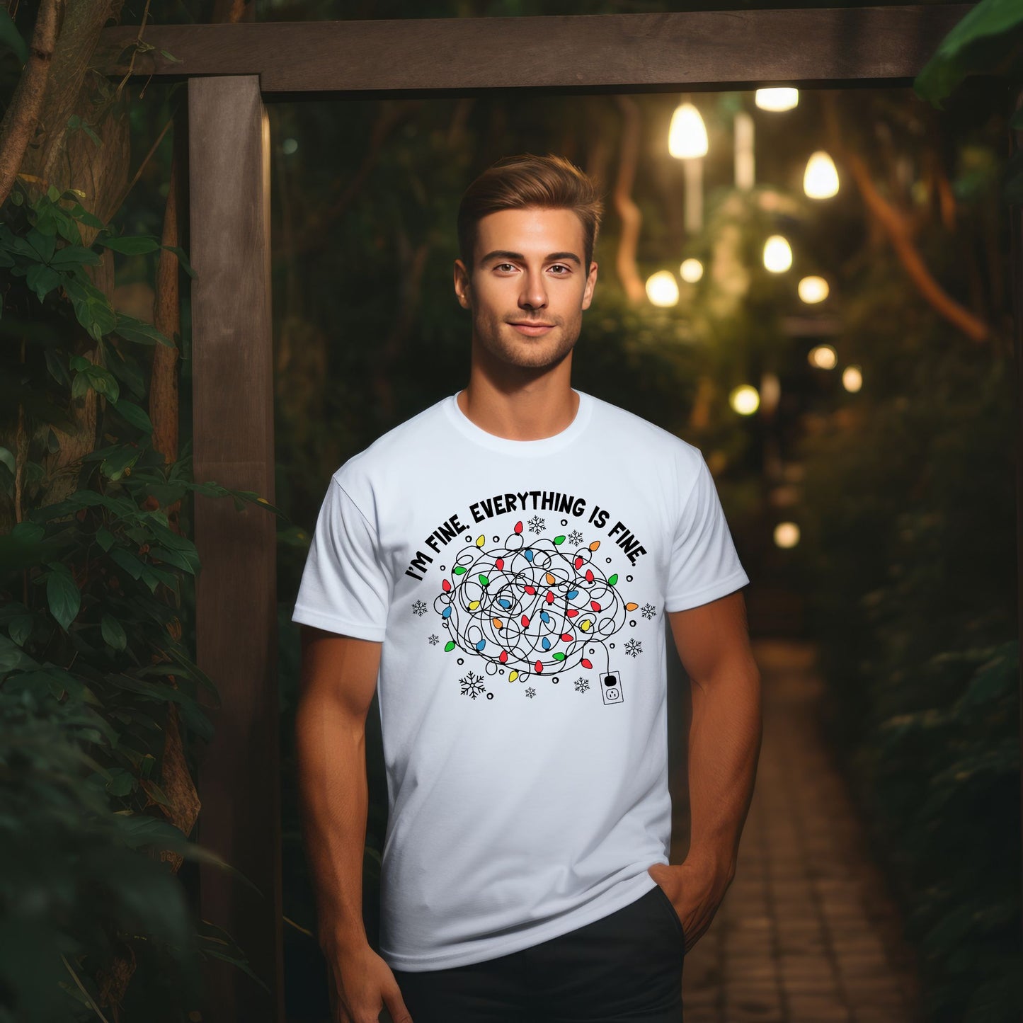 Funny Christmas T-Shirt - I'm Fine Tangled Lights Design