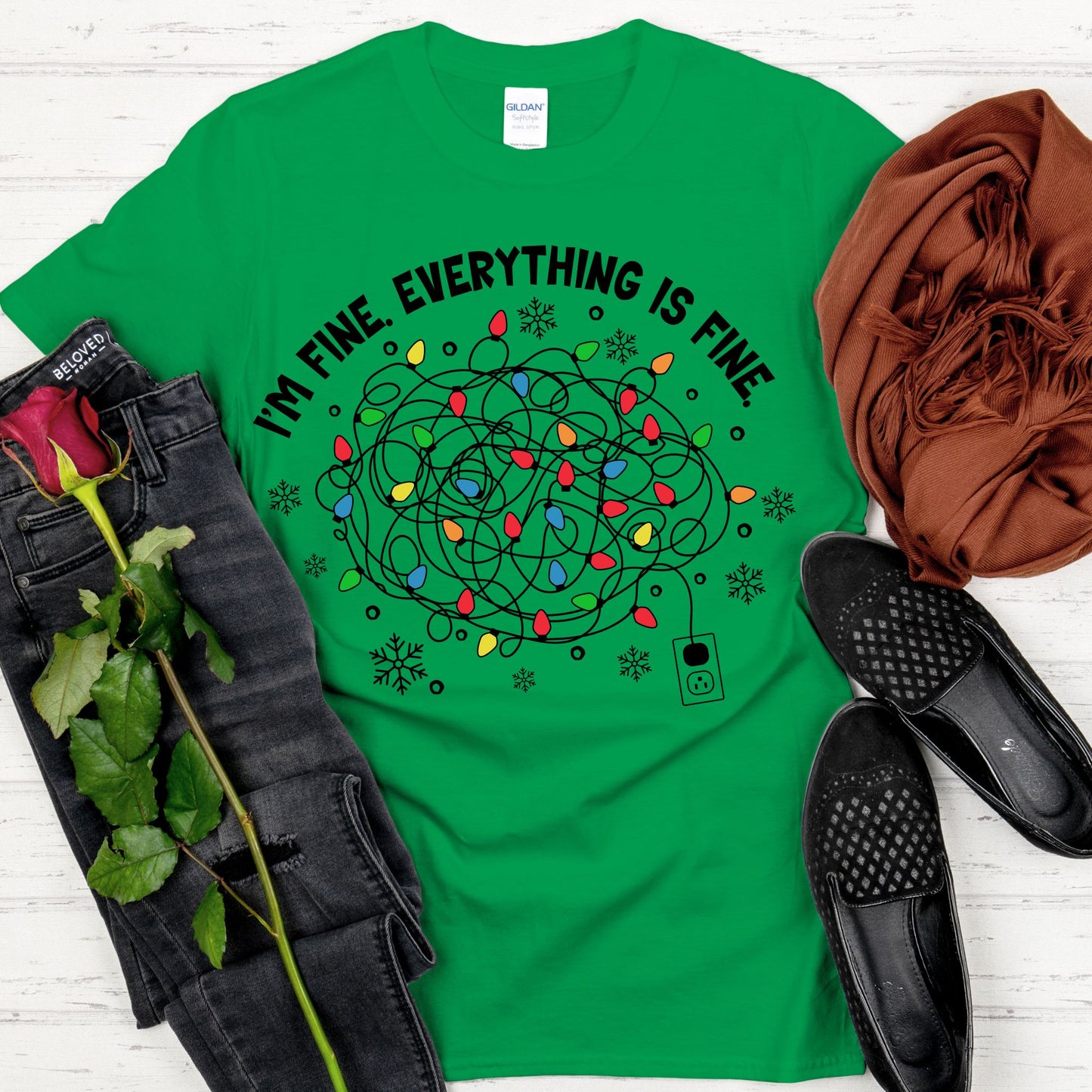Funny Christmas T-Shirt - I'm Fine Tangled Lights Design