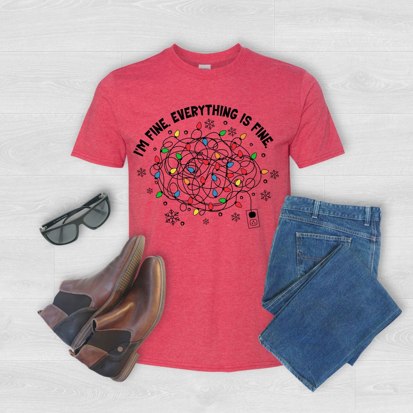 Funny Christmas T-Shirt - I'm Fine Tangled Lights Design