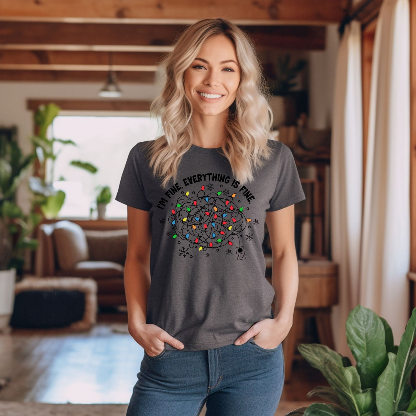 Funny Christmas T-Shirt - I'm Fine Tangled Lights Design