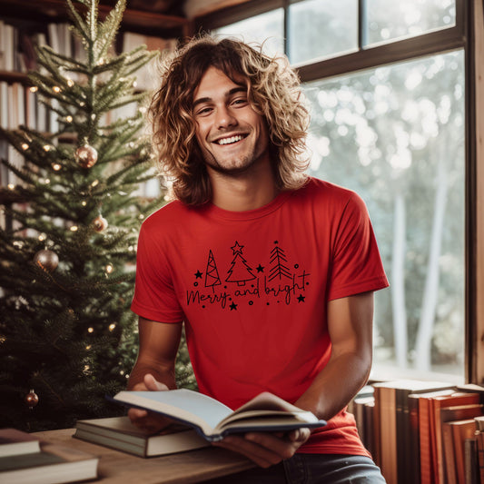 Christmas Tree Line Drawing  T-Shirt. Merry and Bright Tee