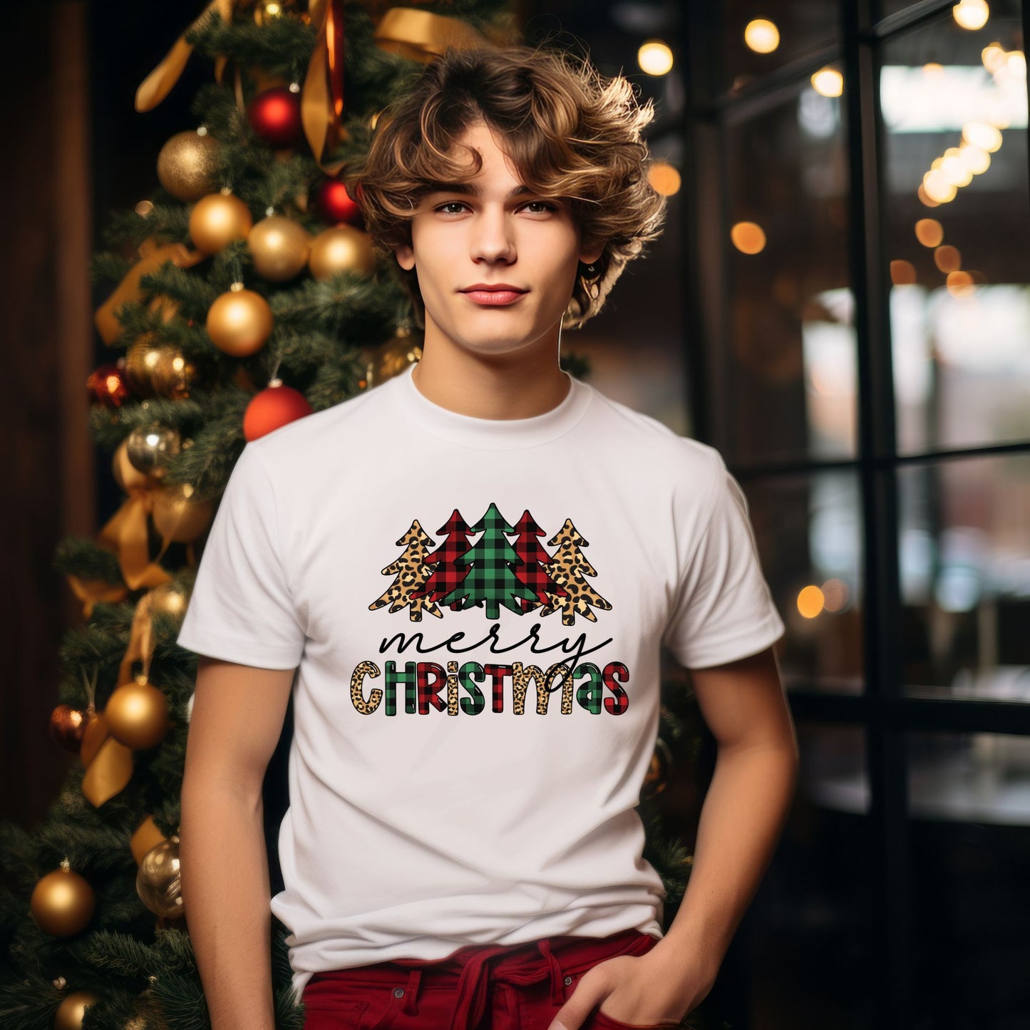 Merry Christmas T-Shirt – Buffalo Plaid & Leopard Print Christmas Tree Graphic Tee