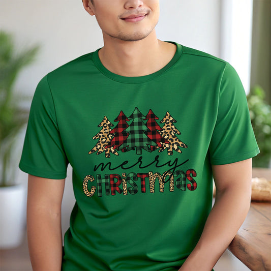 Merry Christmas T-Shirt – Buffalo Plaid & Leopard Print Christmas Tree Graphic Tee
