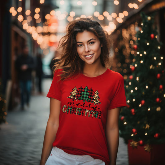 Merry Christmas T-Shirt – Buffalo Plaid & Leopard Print Christmas Tree Graphic Tee