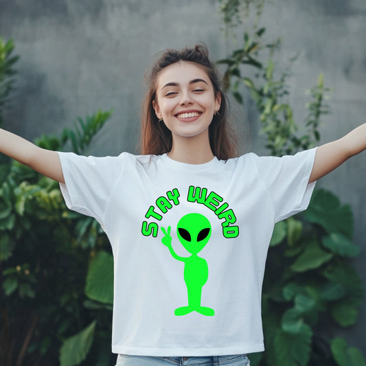 Stay Weird Alien Peace Sign T-Shirt – Fun Retro UFO Graphic Tee