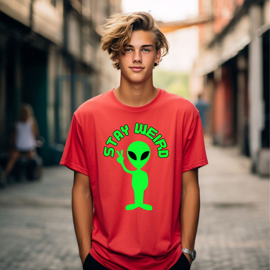 Stay Weird Alien Peace Sign T-Shirt – Fun Retro UFO Graphic Tee