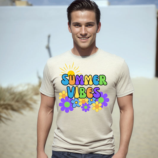 Summer Vibes T-Shirt – Retro Sun & Flower Graphic Tee with Vintage Font