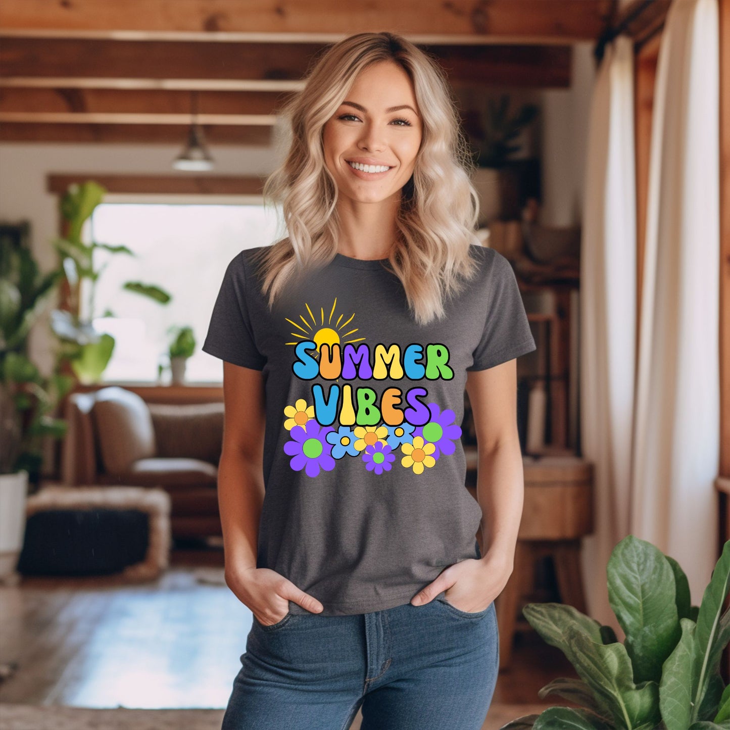 Summer Vibes T-Shirt – Retro Sun & Flower Graphic Tee with Vintage Font