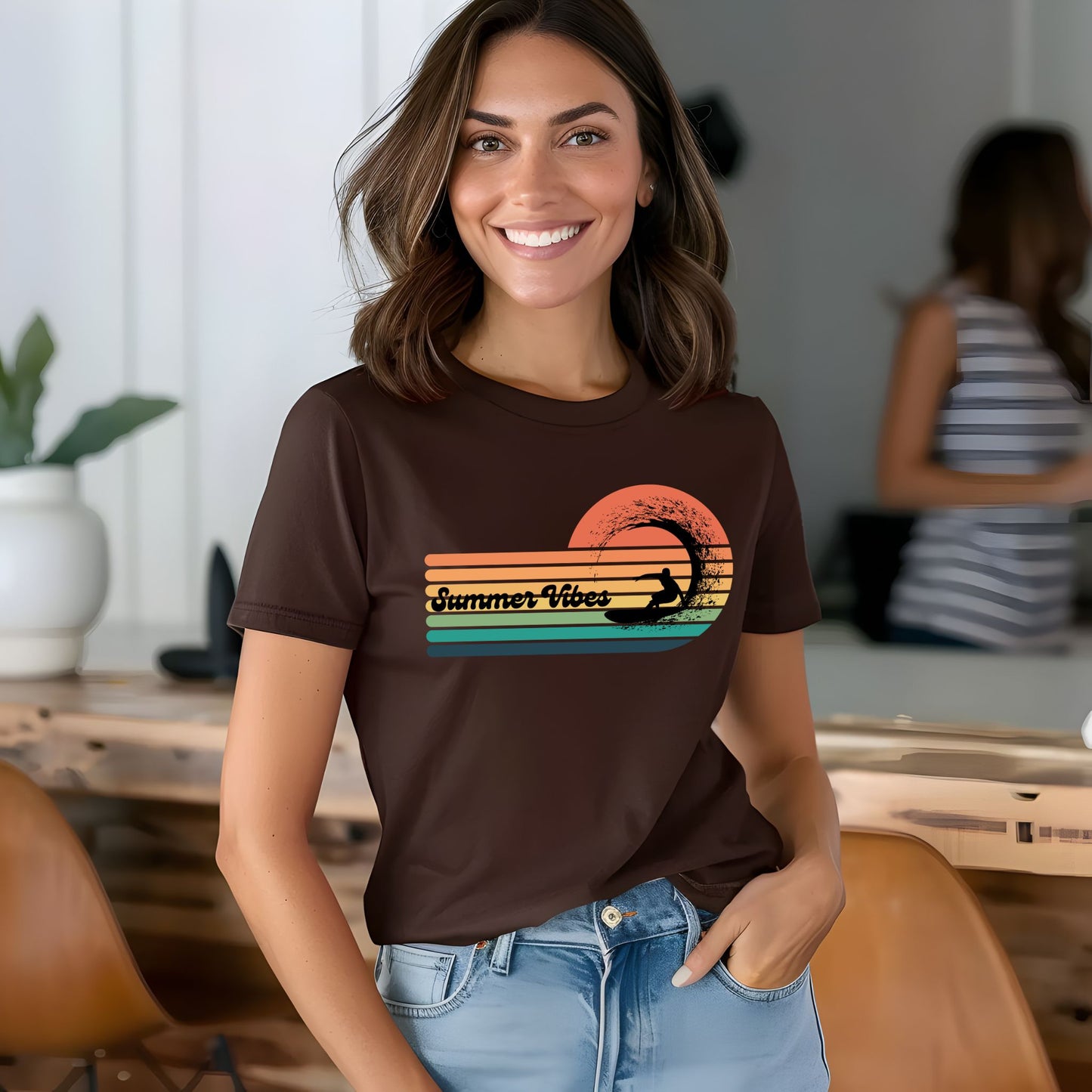 Summer Vibes Surf T-Shirt – Retro Wave Stripes & Surfer Graphic Tee