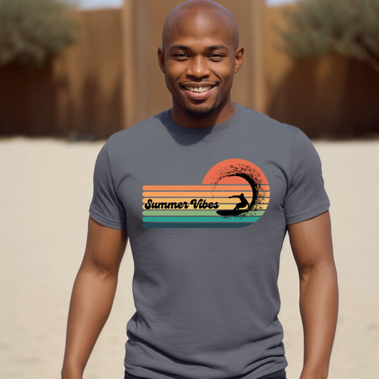 Summer Vibes Surf T-Shirt – Retro Wave Stripes & Surfer Graphic Tee