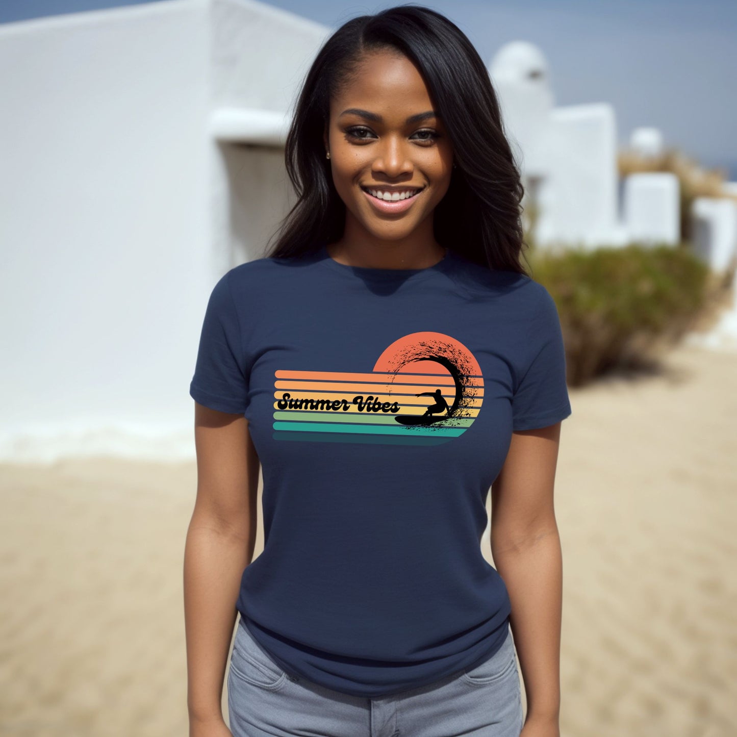 Summer Vibes Surf T-Shirt – Retro Wave Stripes & Surfer Graphic Tee