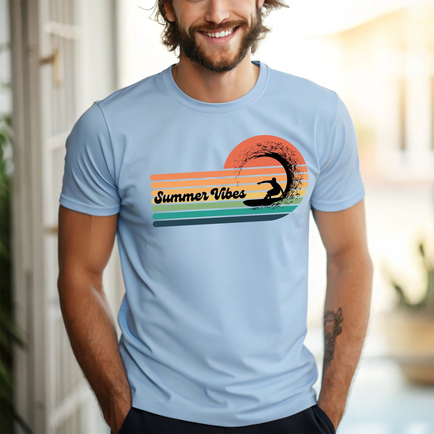 Summer Vibes Surf T-Shirt – Retro Wave Stripes & Surfer Graphic Tee