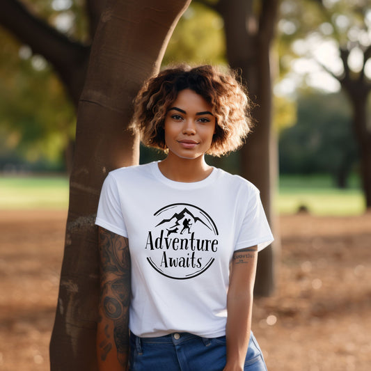 Adventure Awaits Hiking T-Shirt –Hiker & Dog Graphic Tee Hiking Tshirt