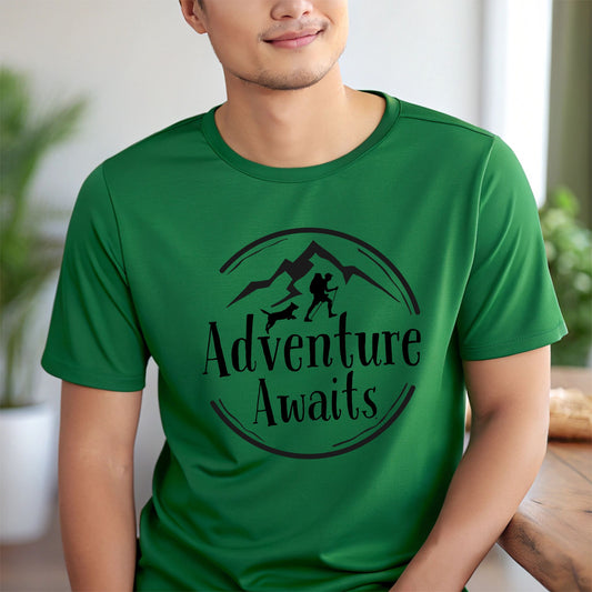 Adventure Awaits Hiking T-Shirt –Hiker & Dog Graphic Tee Hiking Tshirt