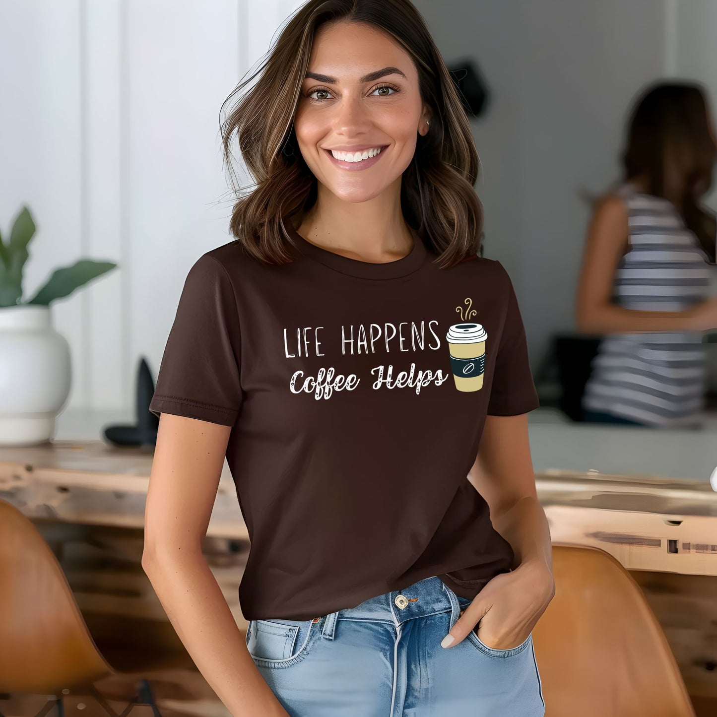 Life Happens Coffee Helps T-Shirt – Funny Coffee Graphic Tee for Caffeine Lovers