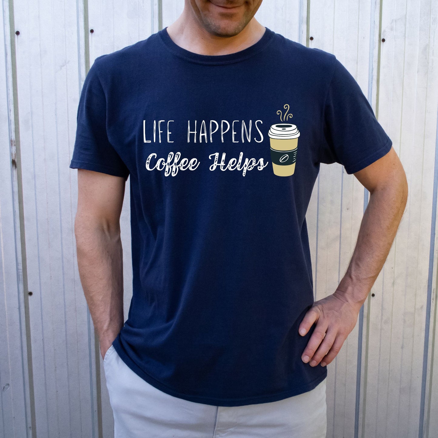 Life Happens Coffee Helps T-Shirt – Funny Coffee Graphic Tee for Caffeine Lovers