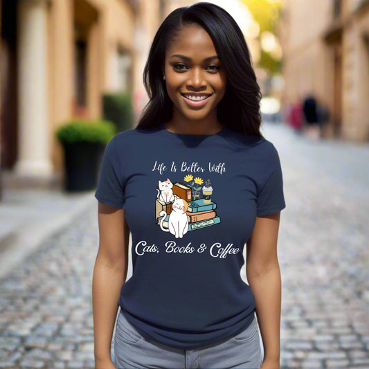 Life’s Better with Cats, Books, and Coffee T-Shirt – Cute Cat & Book Lover Graphic Tee