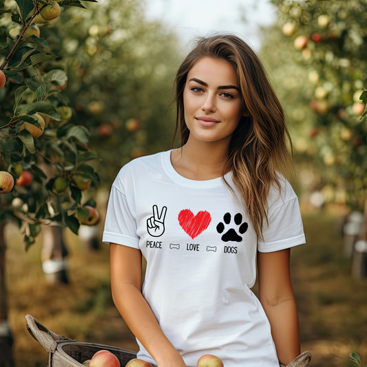 Peace Love Dogs Shirt, Dog Lover Shirt, Cute Dog Lover Tee with Peace Sign, Heart, and Paw Print Graphic