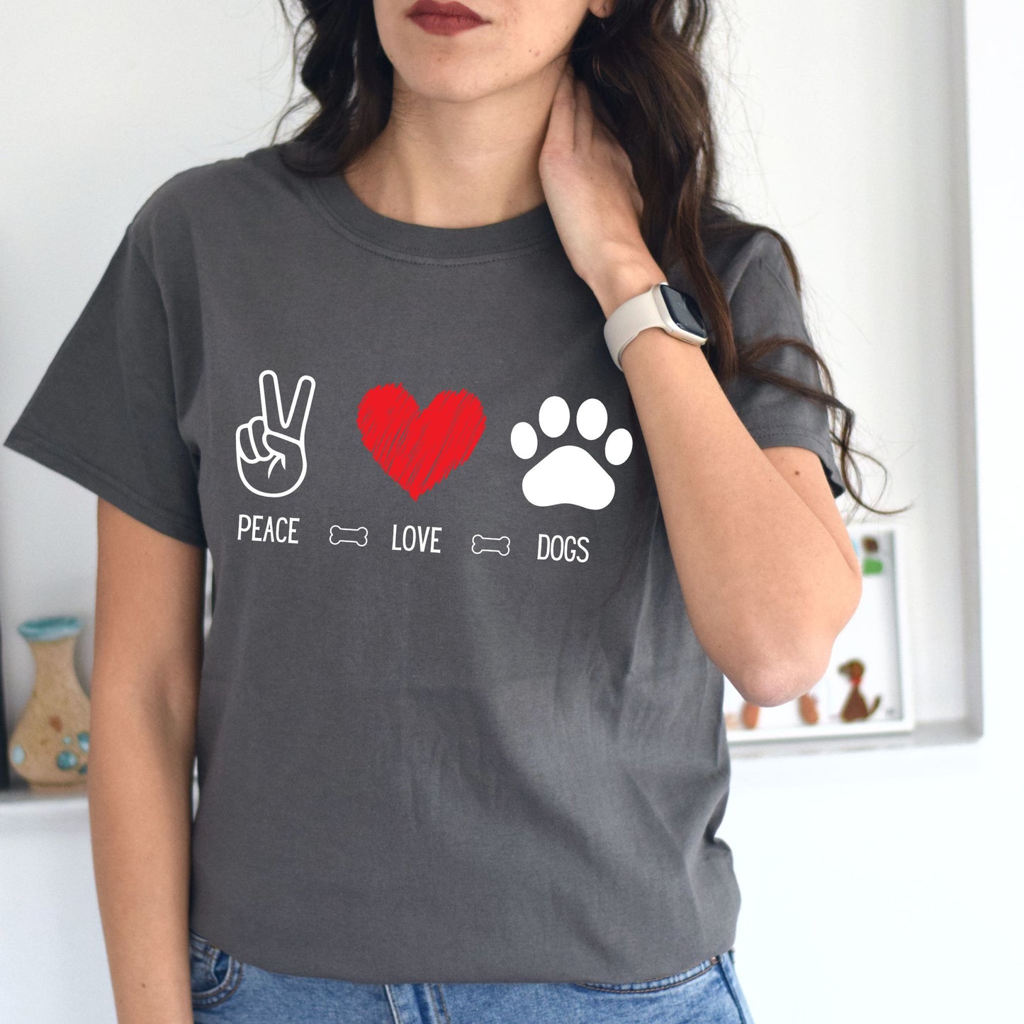 Peace Love Dogs Shirt, Dog Lover Shirt, Cute Dog Lover Tee with Peace Sign, Heart, and Paw Print Graphic