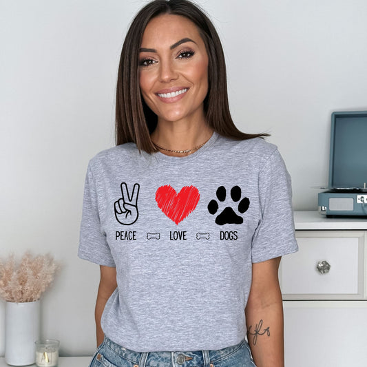 Peace Love Dogs Shirt, Dog Lover Shirt, Cute Dog Lover Tee with Peace Sign, Heart, and Paw Print Graphic