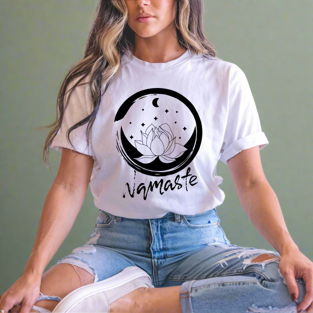 Namaste T-Shirt – Lotus Flower & Moon Graphic Tee for Yoga, Meditation & Mindfulness Lovers Namaste Shirt Yoga Shirt Meditation Shirt Yoga Gift Zen TShirt