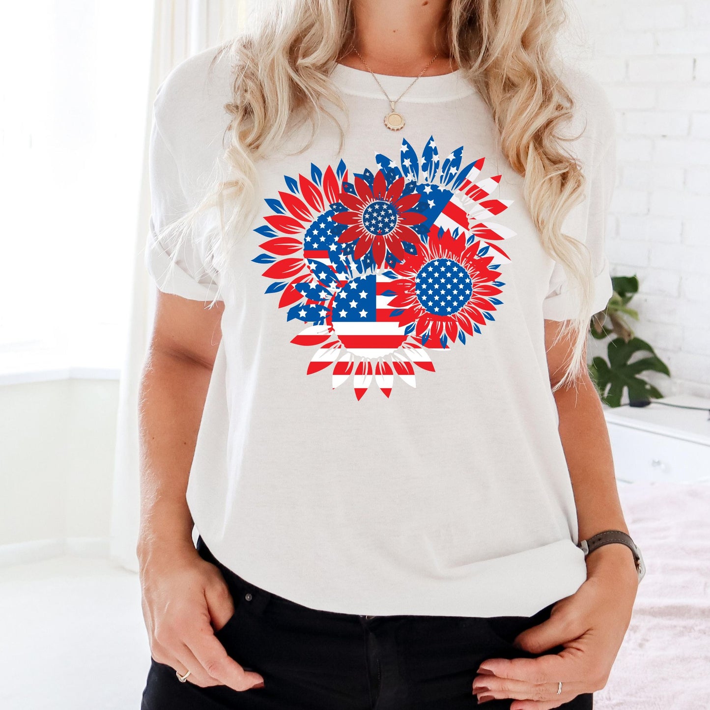 Patriotic Sunflower T-Shirt American Flag Stars and Stripes Floral Graphic Tee Sunflowers Shirt Gift For American 4th Of July Flag T-Shirt Patriotic Shirt