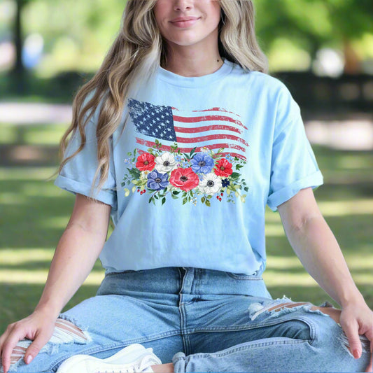 Floral American Flag T-Shirt USA Flag with Flowers Patriotic Graphic Tee Flag Graphic T-Shirt Independence Day Shirt USA Flag T Shirt 4th of July Shirt