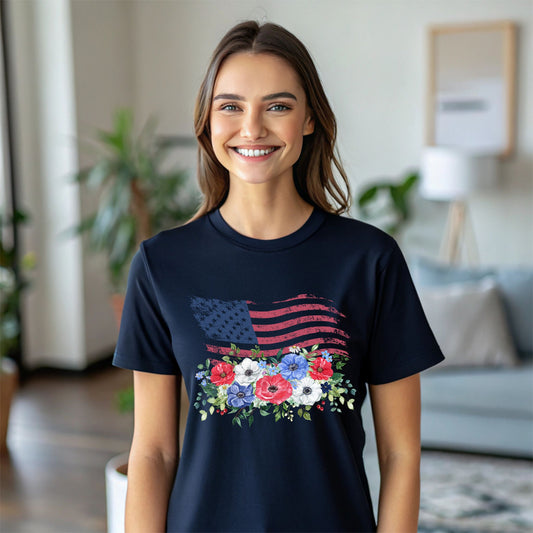 Floral American Flag T-Shirt USA Flag with Flowers Patriotic Graphic Tee Flag Graphic T-Shirt Independence Day Shirt USA Flag T Shirt 4th of July Shirt