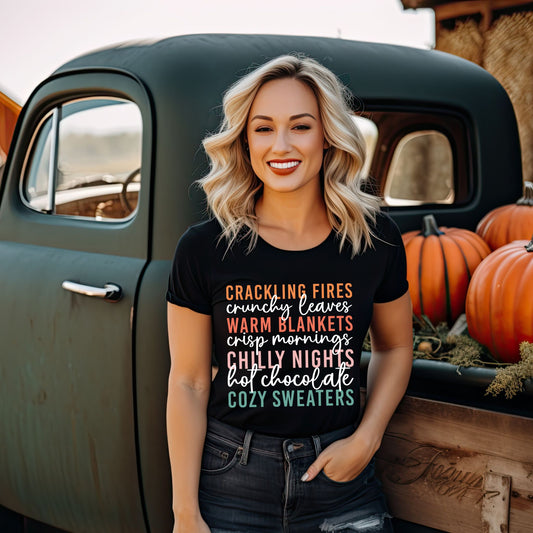 Cozy Fall Vibes T-Shirt  Autumn Text Graphic Tee  Fall Lovers Tshirt Crackling Fires and Cozy Sweaters T-Shirt Fall Lover Gift