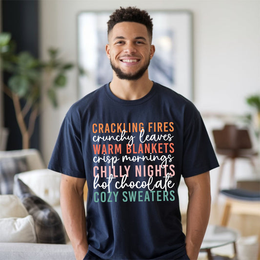 Cozy Fall Vibes T-Shirt  Autumn Text Graphic Tee  Fall Lovers Tshirt Crackling Fires and Cozy Sweaters T-Shirt Fall Lover Gift