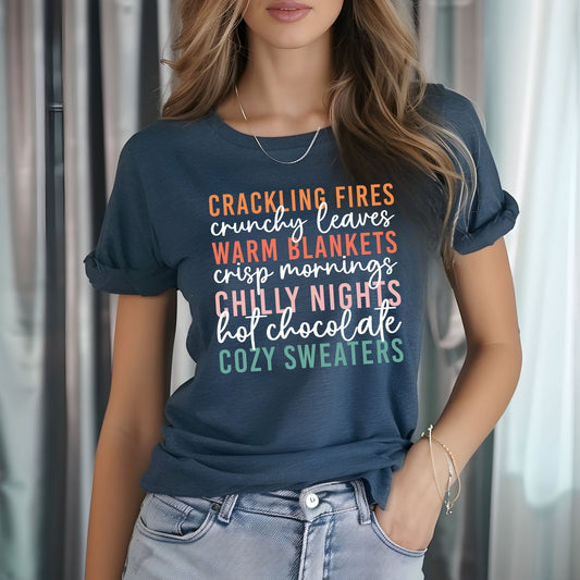 Cozy Fall Vibes T-Shirt  Autumn Text Graphic Tee  Fall Lovers Tshirt Crackling Fires and Cozy Sweaters T-Shirt Fall Lover Gift