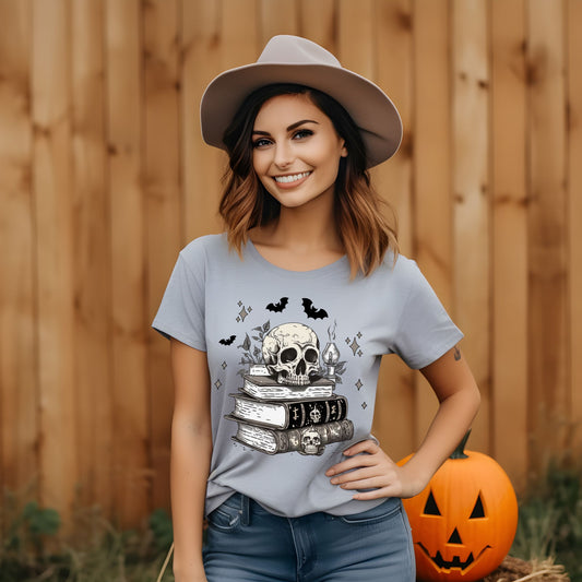 Dark Academia Aesthetic T-Shirt – Skull, Books, and Bats Gothic Graphic Tee