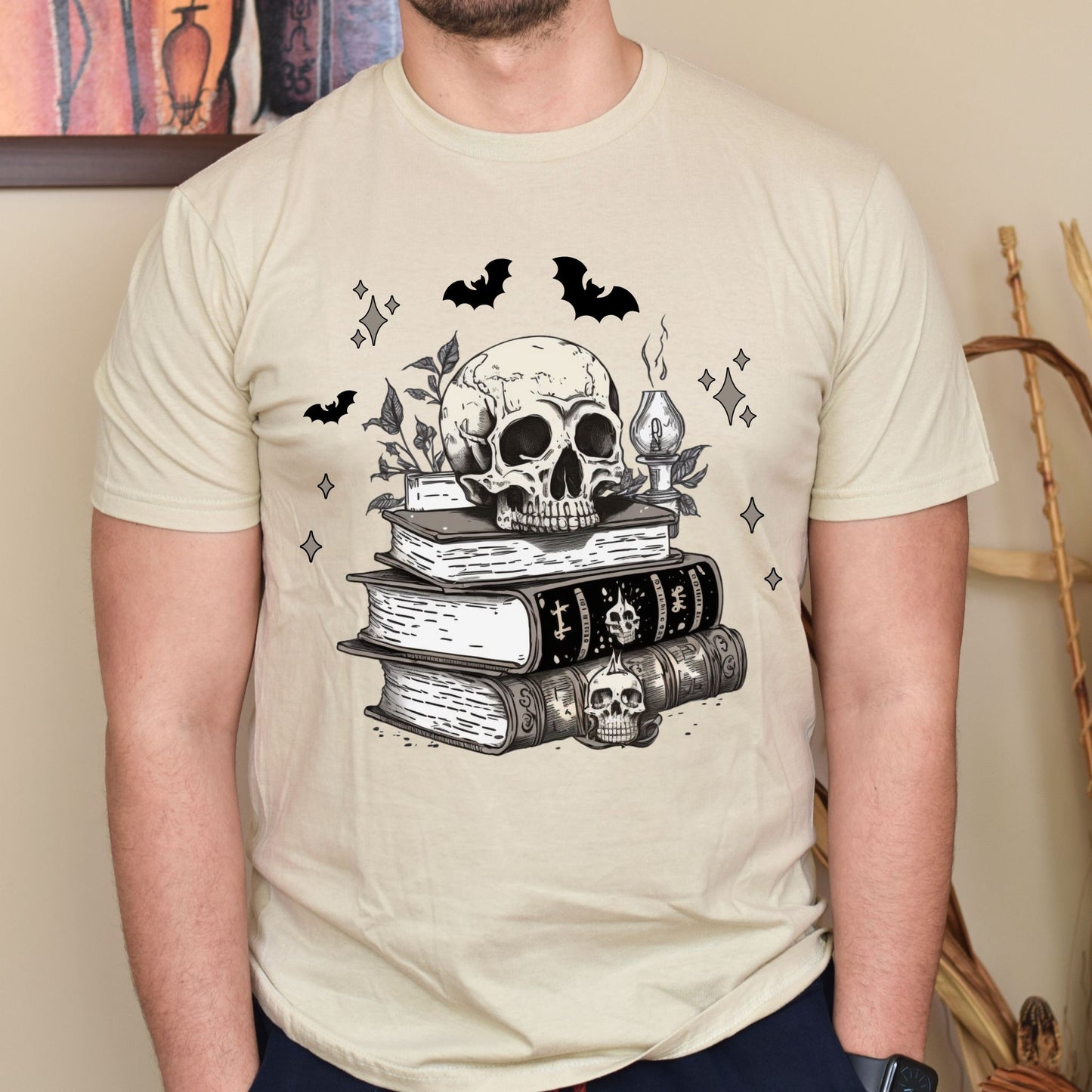 Dark Academia Aesthetic T-Shirt – Skull, Books, and Bats Gothic Graphic Tee