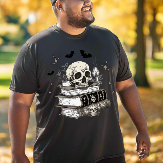 Dark Academia Aesthetic T-Shirt – Skull, Books, and Bats Gothic Graphic Tee