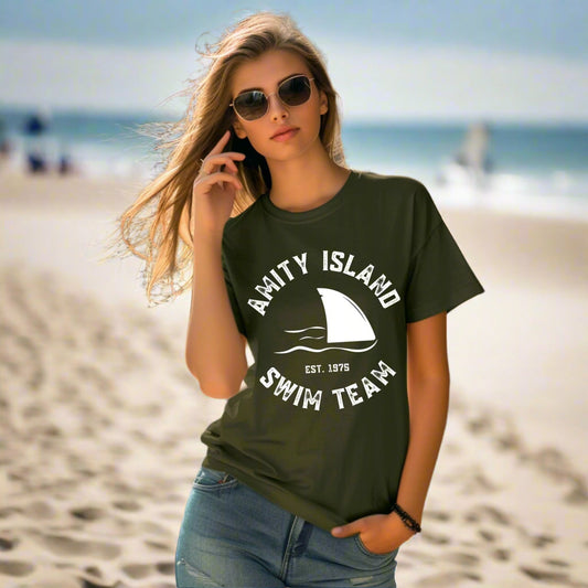 Amity Island Swim Club T-Shirt – Retro Shark Graphic Tee for Summer, Beach, and Film Fans