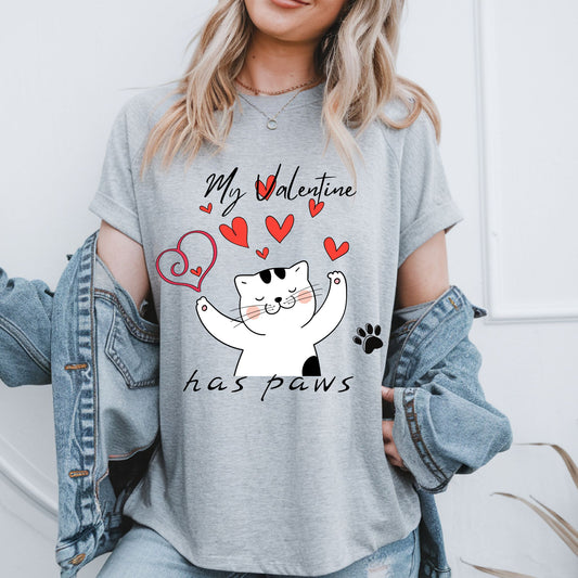 My Valentine Has Paws Shirt Cute Cat Love T-Shirt Valentine’s Day Kitty with Hearts Graphic Tee for Cat Lovers