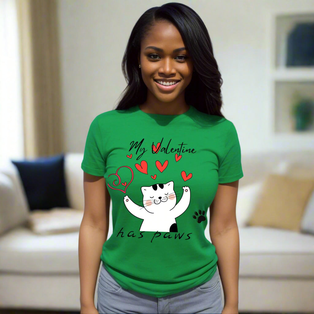 My Valentine Has Paws Shirt Cute Cat Love T-Shirt Valentine’s Day Kitty with Hearts Graphic Tee for Cat Lovers