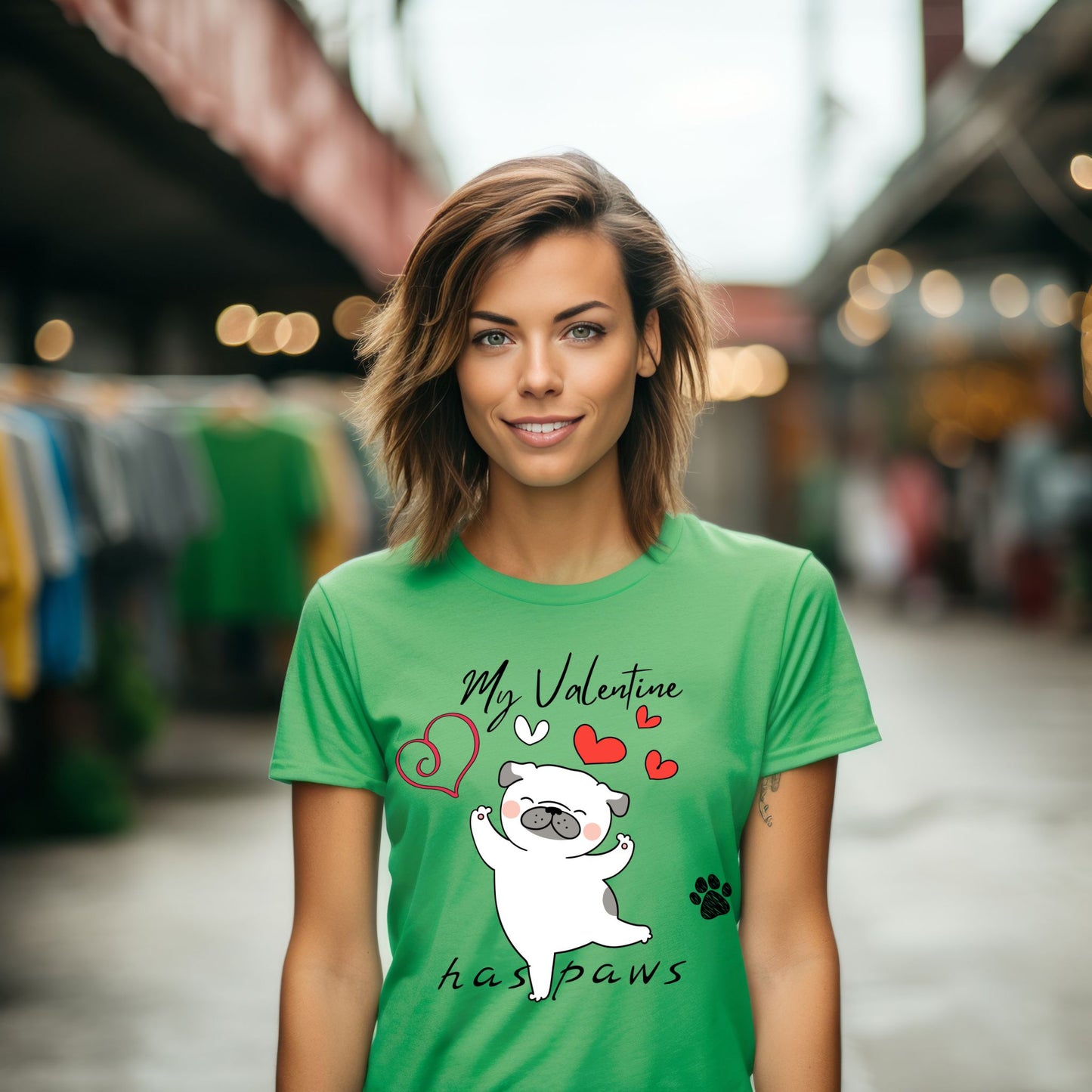 My Valentine Has Paws Dog T-Shirt Cute Dog Love T-Shirt Valentine’s Day Puppy with Hearts Graphic Tee for Dog Lovers